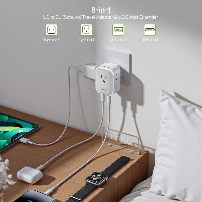 EPICKA Hybrid International Power Adapter for US to German & France, Foldable & Detachable Type EF VisaPlug, 8-in-1 Travel Plug Adapter with 4 USB Ports (2 USB-C PD 20W), Travel Dormestic Essentials - Image 2